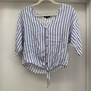 Papermoon white and blue striped button up tie front crop S